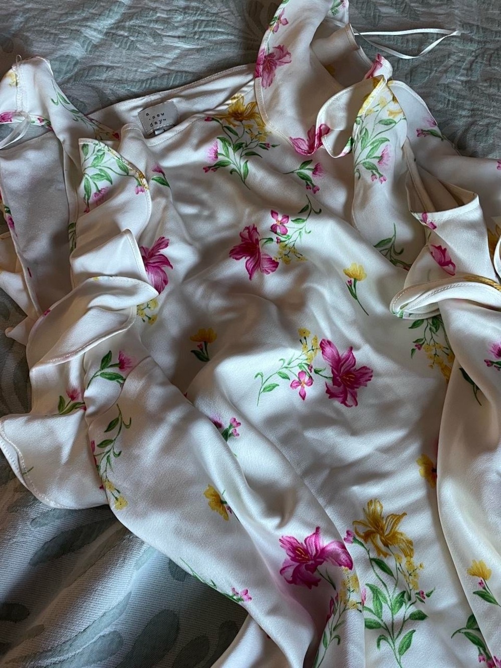White Floral Ruffle Slip Dress with Pink & Yellow Blooms